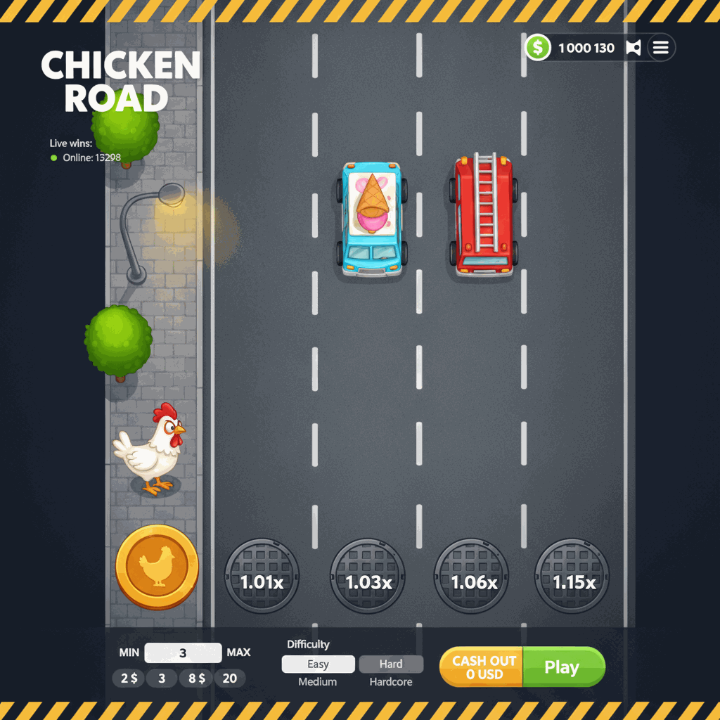 Chicken Road Crash-Spiel: Ein weißes Cartoon-Huhn steht am Straßenrand bereit, eine mehrspurige Straße zu überqueren, während auf den Fahrspuren Multiplikatoren angezeigt werden und Autos zufällig erscheinen