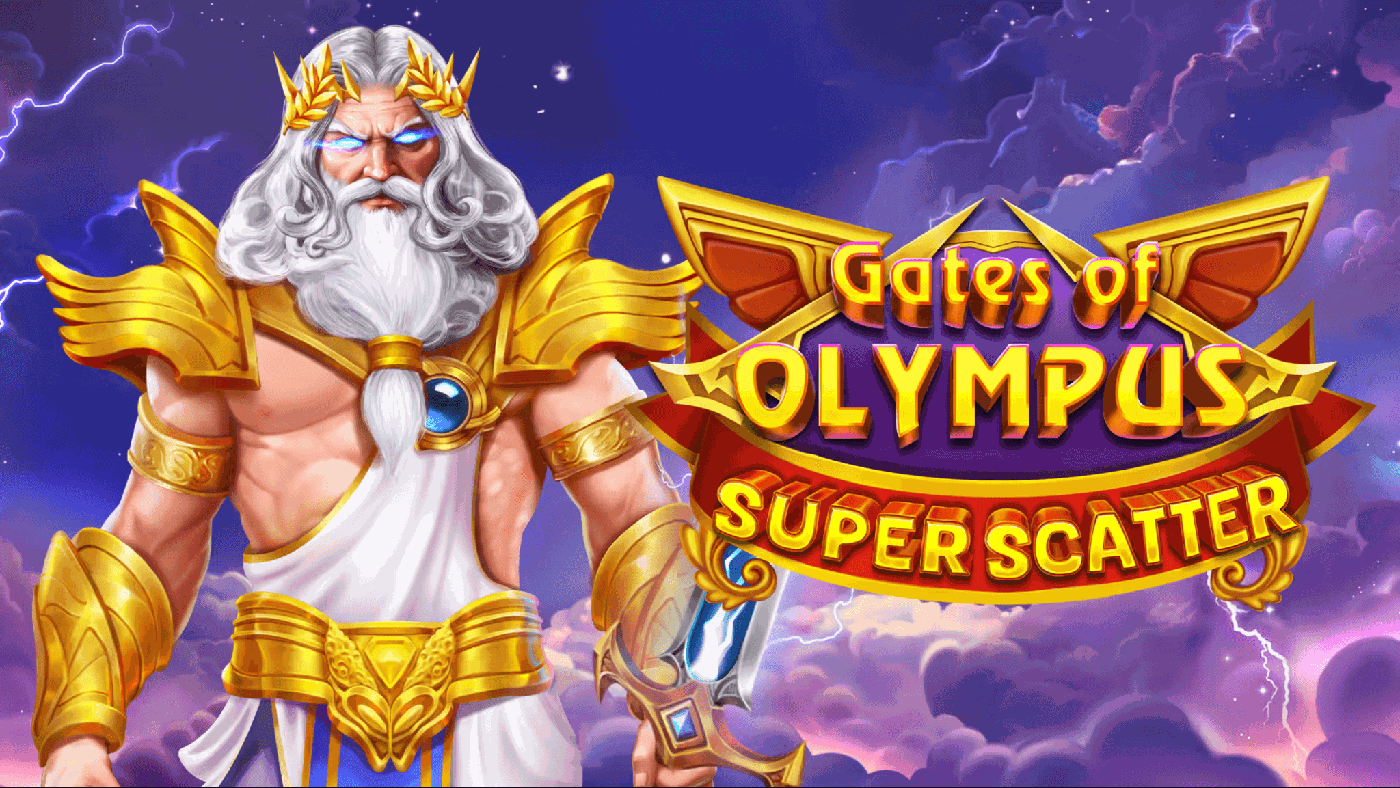 Goldener Walzenrahmen von Gates of Olympus Super Scatter mit Zeus-Figur, purpurnen Kristallen, blauen Diamanten und goldenen Multiplikator-Münzen